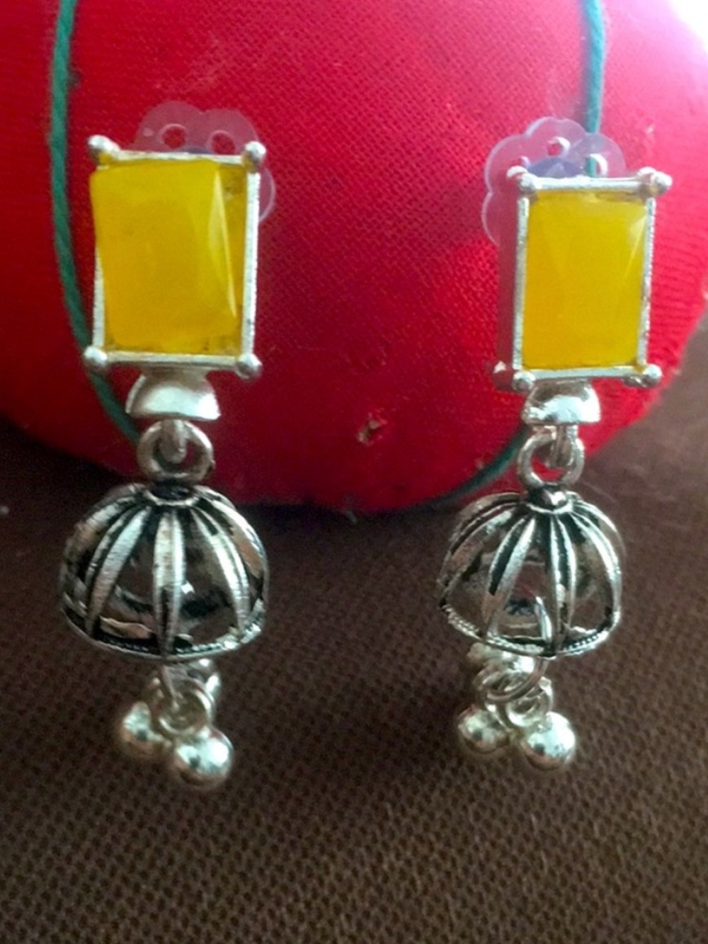 Traditional Royal Bling Bollywood Earrings With rectangular Yellow Stone.